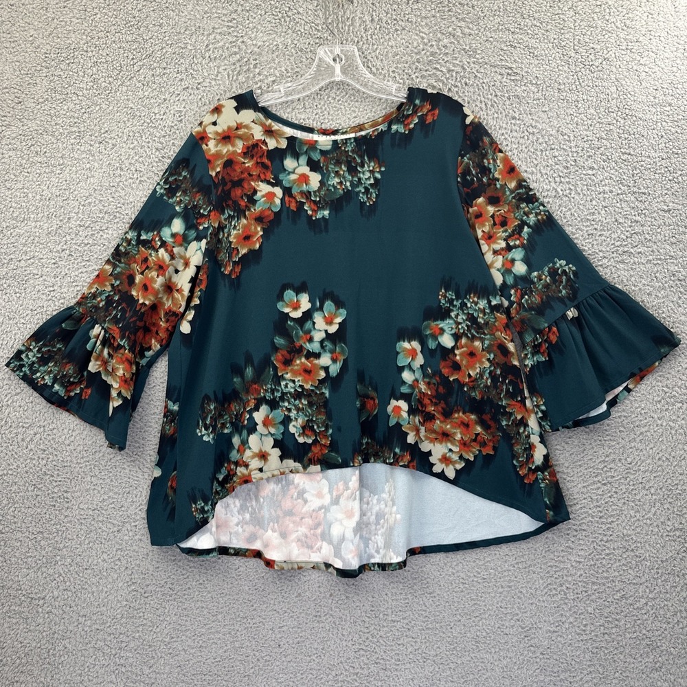 Bryn Walker 3/4‎ Bell Flare Sleeve Top Floral Boho Artsy High Low Women's Large